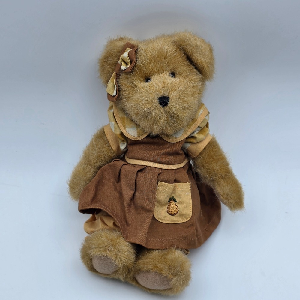 Boyds Bears Plush 10" Brown Girl‎ Bear Gingham Dress Pear Embroidery Vintage